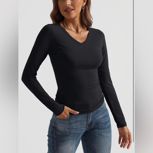 Long Sleeve Shirt V Neck Basics Crop Tops Layering Slim Fitted Y2K - Picture 4 of 6